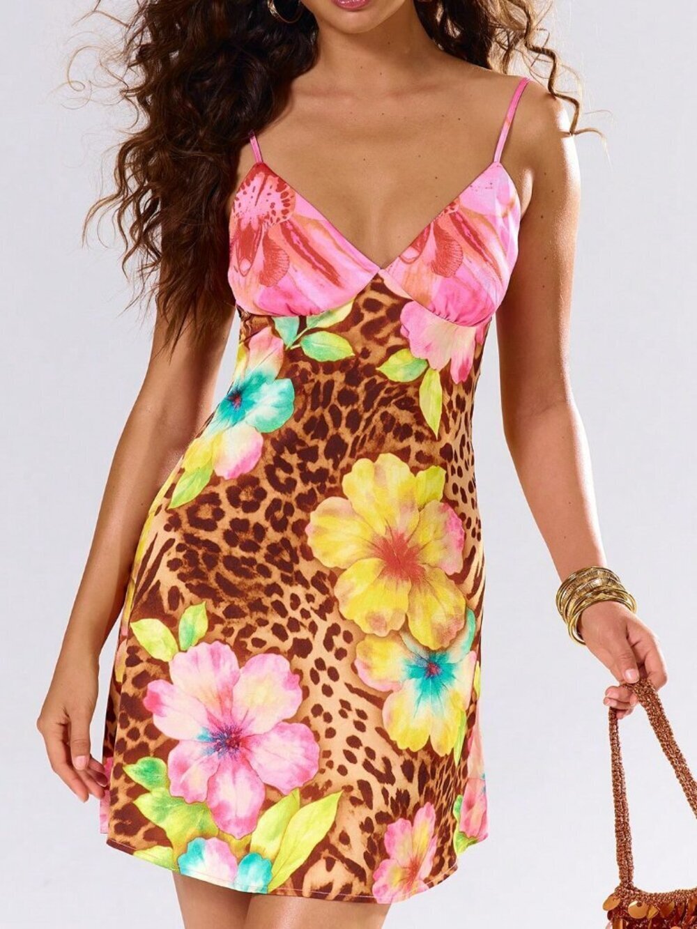 Multicolor Strappy V Neck Cute Women's Mini Leopard Floral Dress